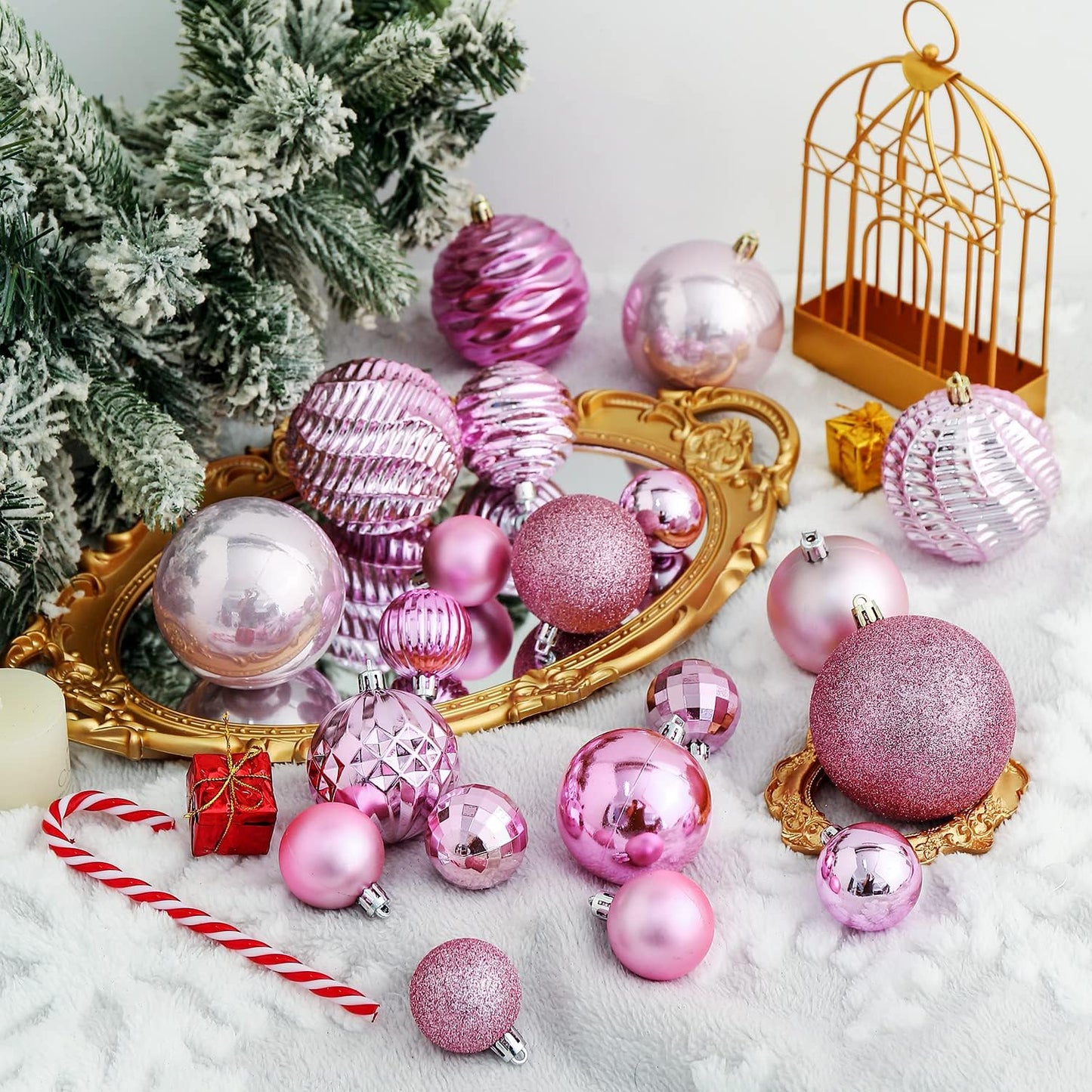 XmasExp 24ct Christmas Ball Ornaments Shatterproof Christmas Ornaments Set Decorations for Xmas Tree Balls 40mm/1.57” (1.57'', Pink)