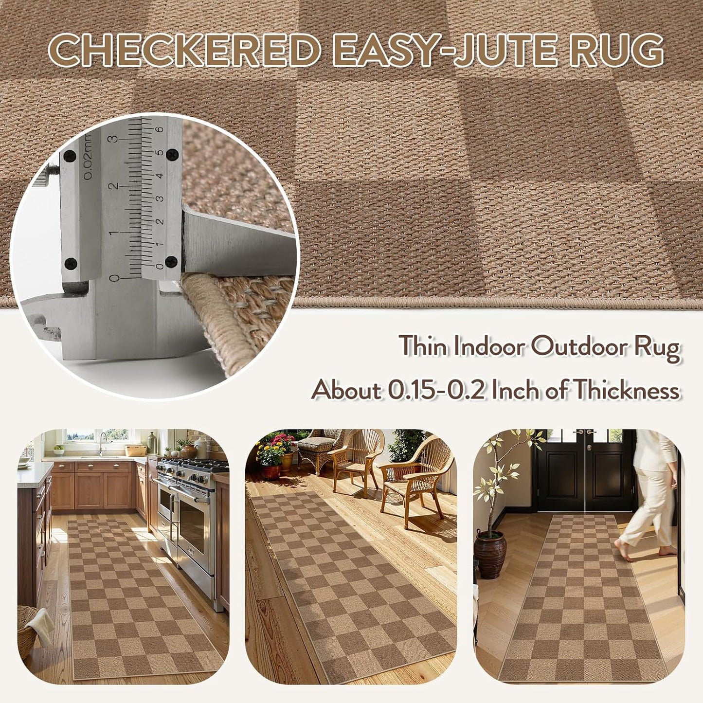 Lahome Checkered Easy Jute Kitchen Runner, 2x8 Washable Indoor Outdoor Runner Rug, Checkerboard Non Slip Non Shedding Neutral Carpet for Hallway Entryway Foyer