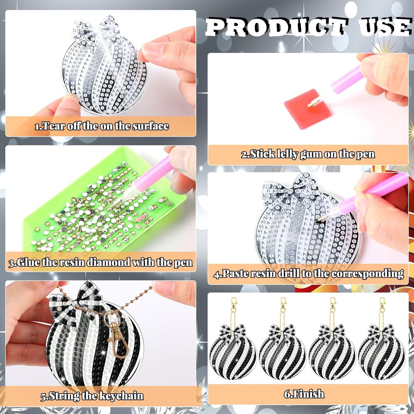 Tondiamo 20 Pcs Christmas Diamond Painting Keychain Kits 5D DIY Diamond Art Pendants Double Sided Hanging Key Chains for Christmas Party Decoration DIY (Black Style)