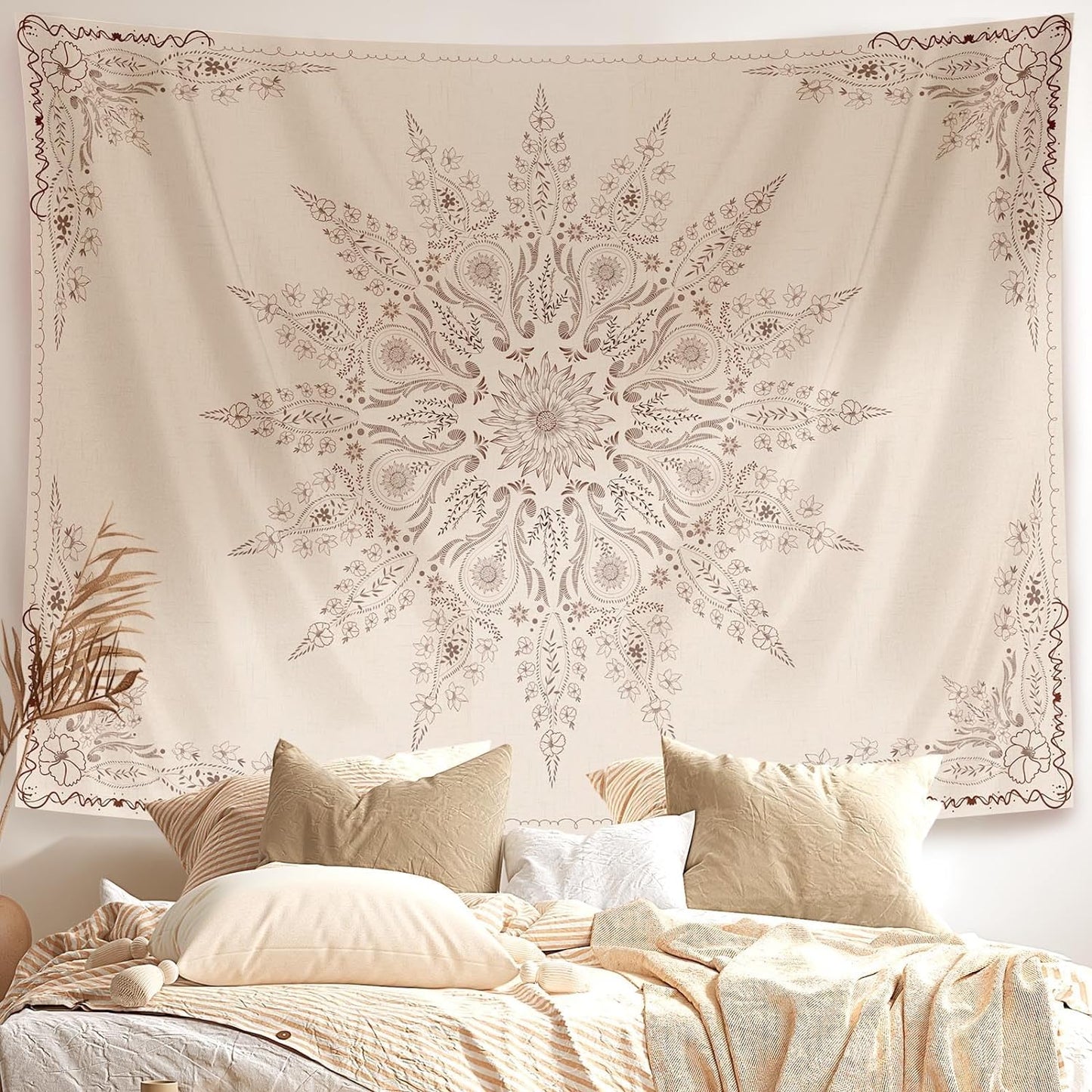 Damanse Floral Tapestry Wall Hanging Cute,Boho Wall Tapestry for Bedroom Aesthetic,Mandala Living Room Decor for Teen Girls (Flaxen, 70.9"x90.6")