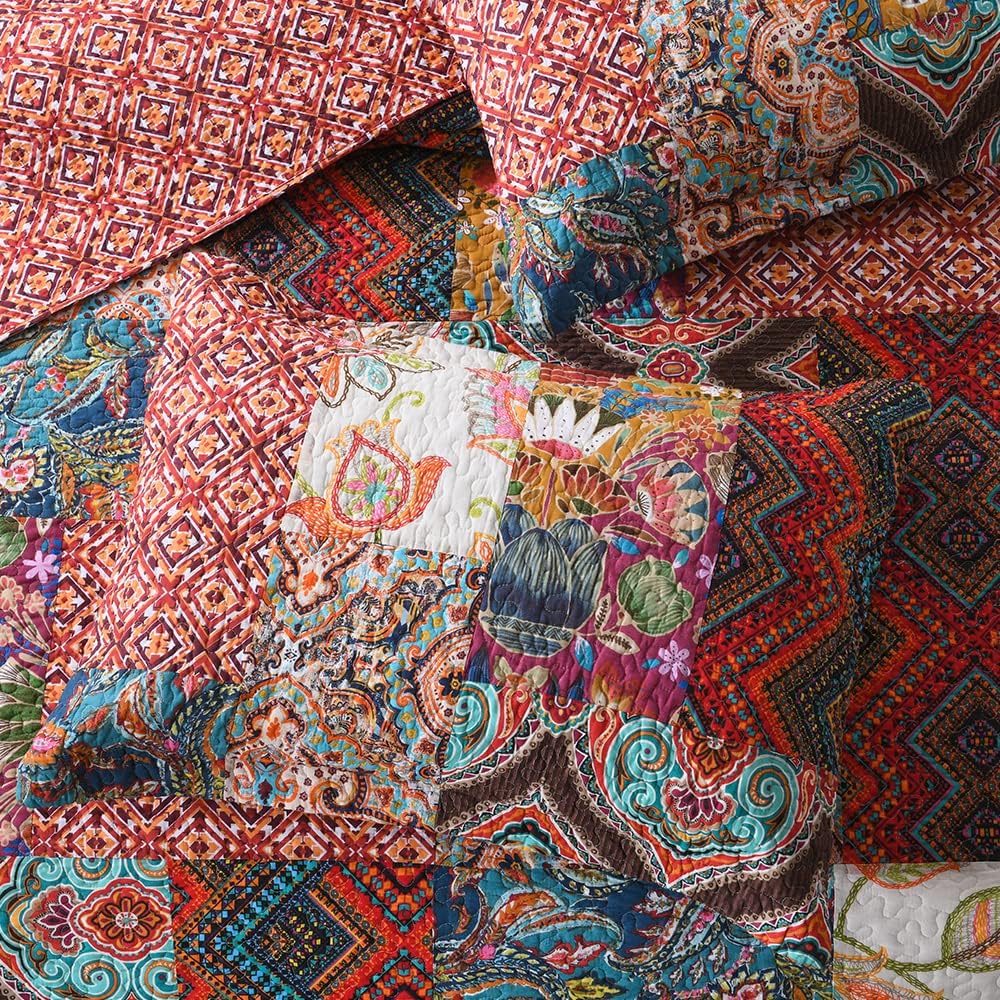 Autumn Dream Cotton Patchwork Bedspread Quilt Sets, Reversible Bedding Coverlet Sets, Red Gorgeous Vintage Pattern, King Size