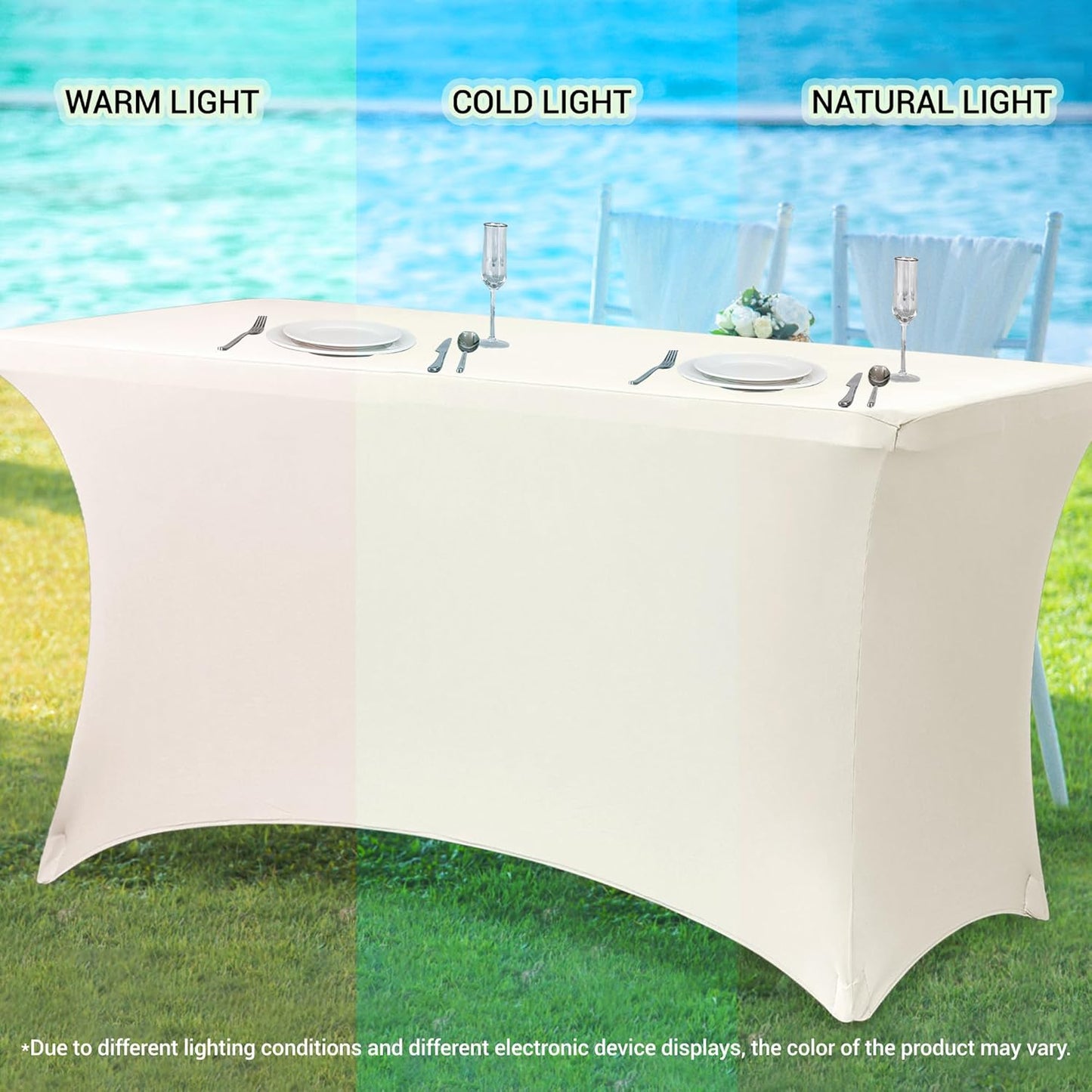 Obstal 8Ft Stretch Spandex Table Cover for Standard Folding Tables - 2 Pack Universal Rectangular Fitted Tablecloth for Party, Banquet, Events, Trade Show (Cream, 96L x 30W x 30H Inches)