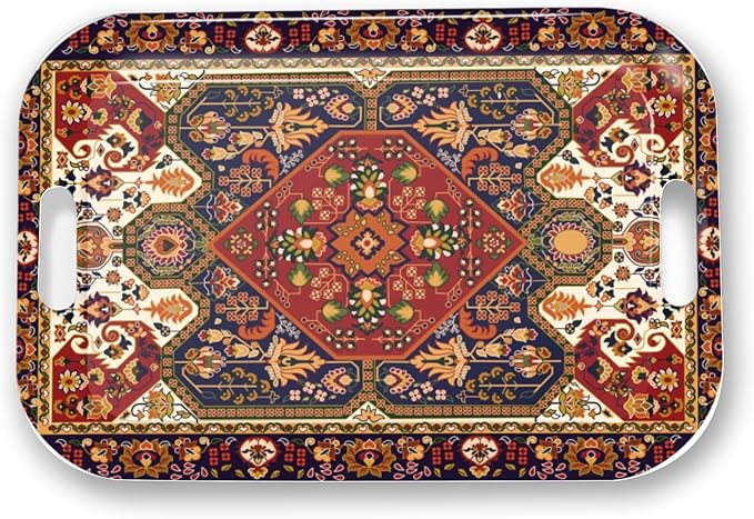 Serving Trays with Handles, 14.5 x 9.8 inch Rectangular Plastic Tray for Restaurant, Kitchen, Dark Red Pattern