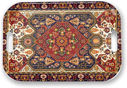 Serving Trays with Handles, 14.5 x 9.8 inch Rectangular Plastic Tray for Restaurant, Kitchen, Dark Red Pattern