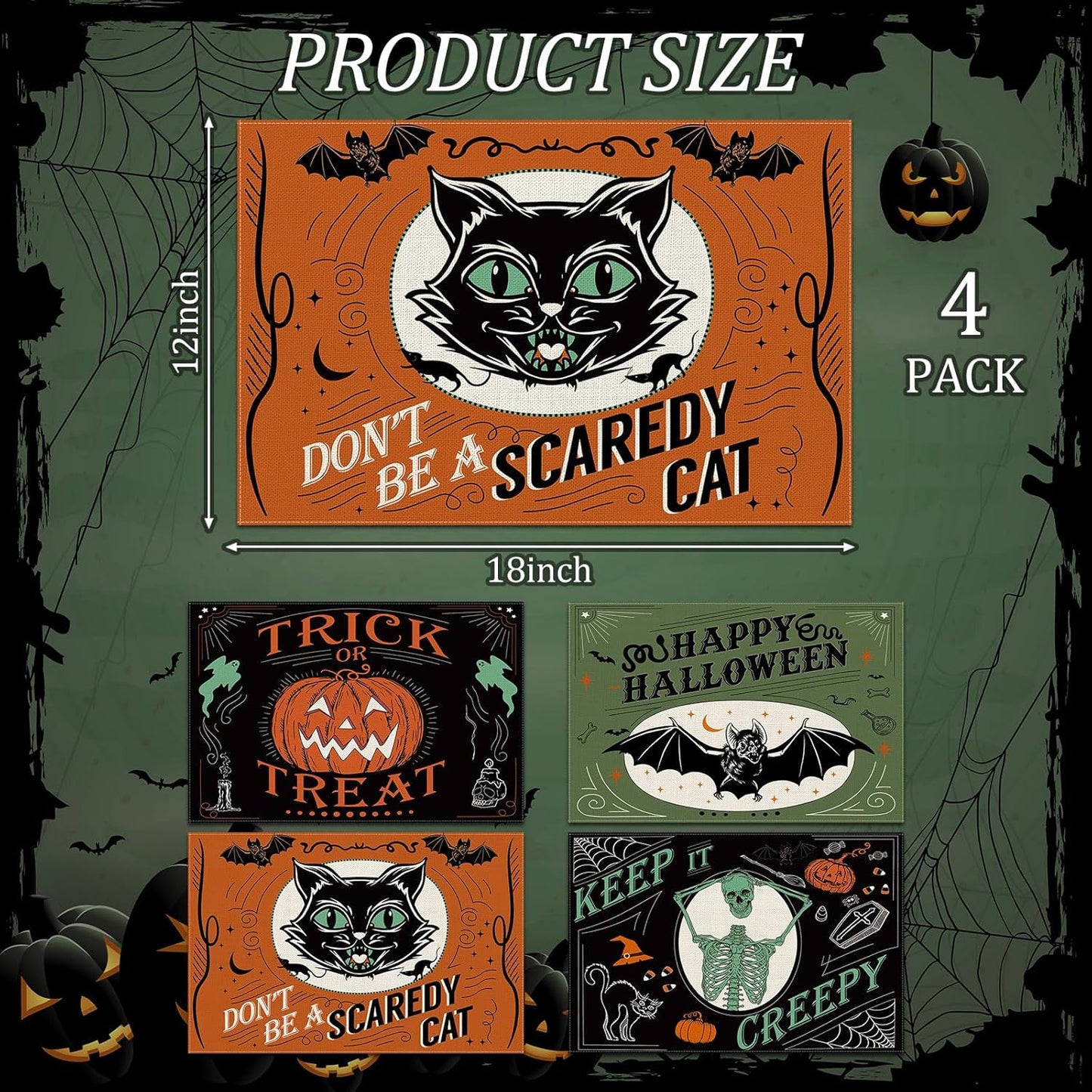 4Pcs Halloween Placemats Pumpkin Bat Black Cat Skeleton Table Mat Vintage Decorative Place Mats for Party Table Setting Decor, 12 x 18 Inch