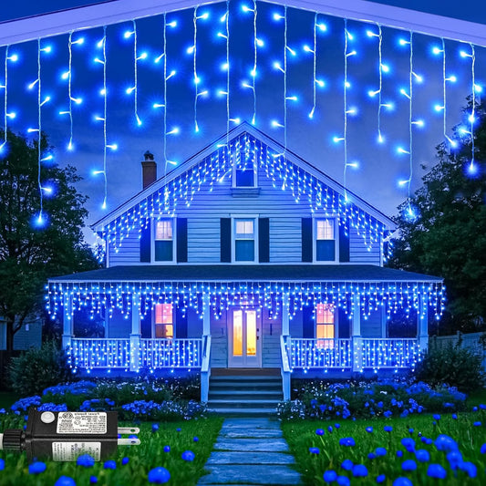 Blue Christmas Lights Outdoor, 66ft 640 LED Icicle Lights for Outside House with Connectable Clear Wire 8 Modes Timer, Plug in Waterproof for Home Holiday Eaves Patio Yard Party Room Indoor Decoration