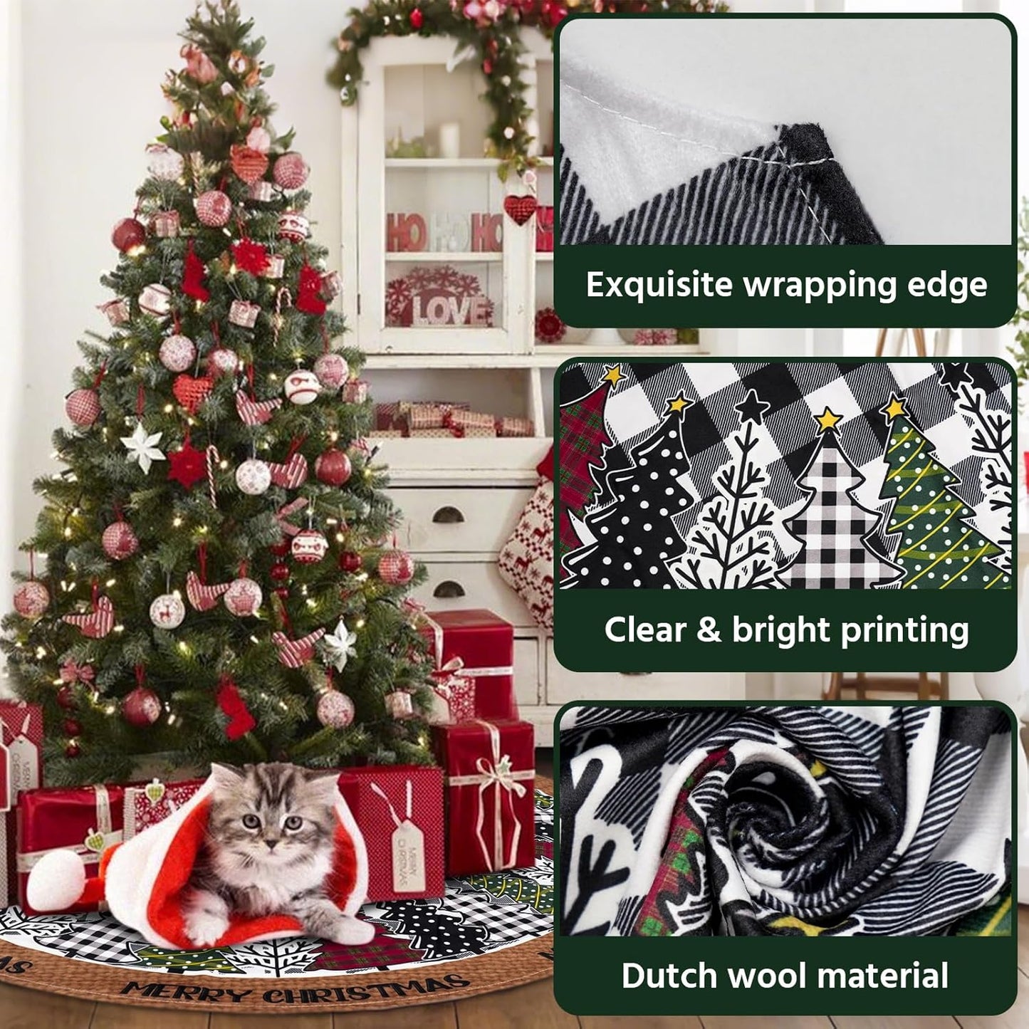 Christmas Tree Skirt 48 Inch, Black and White Buffalo Plaid Xmas Tree Skirts, Winter Christmas Trees Mat for Home Party Holiday Indoor Outdoor Decorations