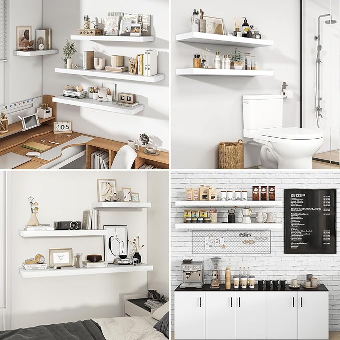 RICHFOCUS 72Inch Floating Shelves for Wall 1 Pack Shelves for Bedroom|Kitchen|Bathroom Wall Mounted Rustic Wood Floating Shelf with Invisible Brackets for Books|Storage|Decor, White