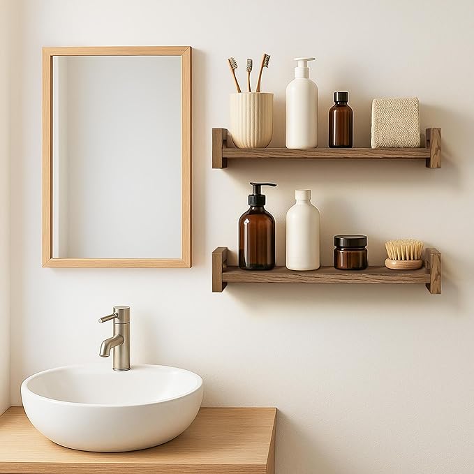 Vailando Floating Shelves for Wall, Set of 4 Solid Wood Wall Mounted Shelves, 16" Rustic Walnut Display Shelf for Bedroom, Living Room, Bathroom, Kitchen – Strong Load Capacity & Natural Pine