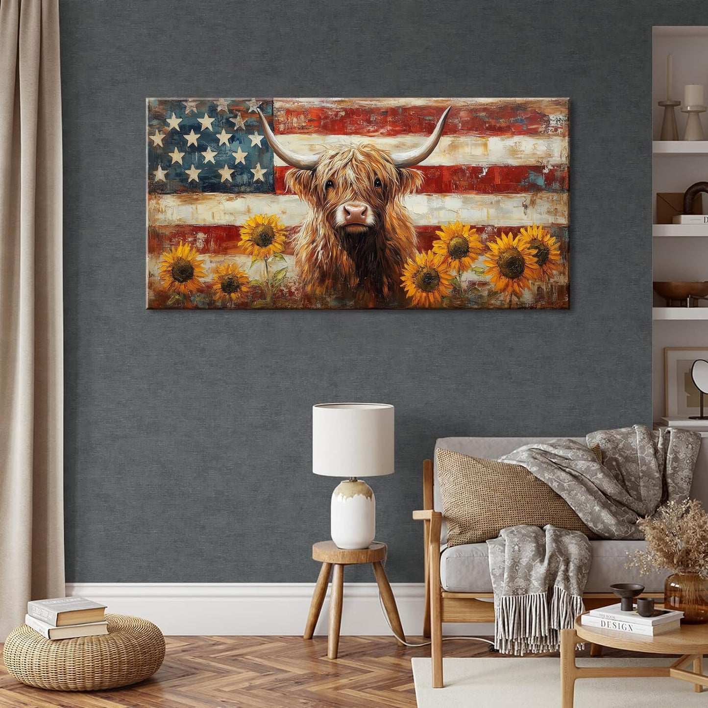 LASMOND Country Highland Cow Wall Art for Living Room Rustic Retro Vintage American Flag Sunflower Canvas Painting Prints Highland Cattle Artwork Farmhouse Bedroom Office Decor (46x23 Inches)