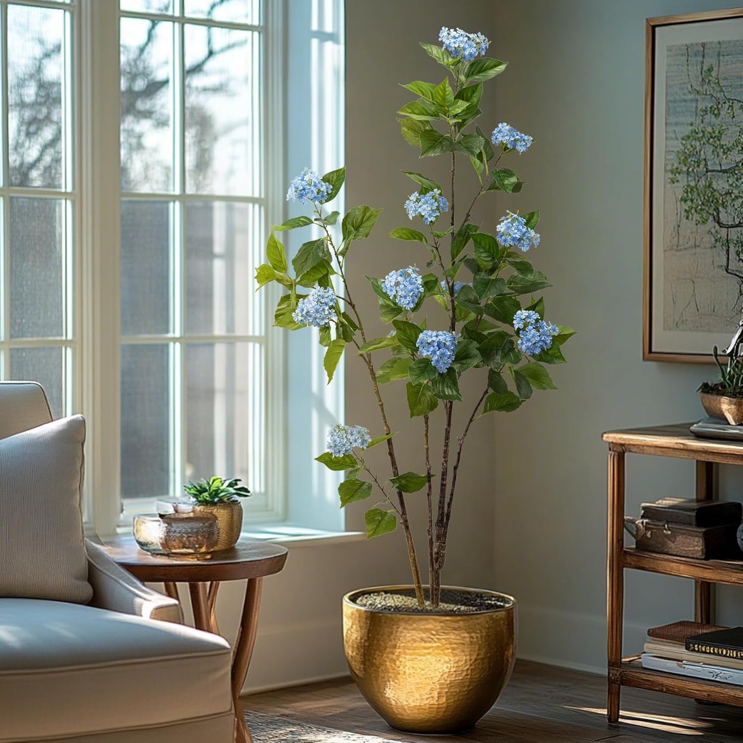 Fake Plants Home Decor Artificial Plants Outdoor Hydrangea Artificial Plants Indoor Fake Tree Living Room Decor Artificial Tree Porch Decor Fiddle Leaf Fig Tree 6Ft (Blue)