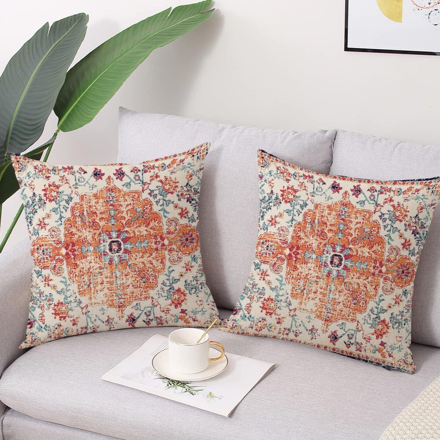 Outdoor Waterproof Pillow Covers 16X16 Inch Set of 2 - Bohemian Vintage Carpet Pattern Orange Blue Ethnic Design Decorative Farmhouse for Couch Garden Balcony