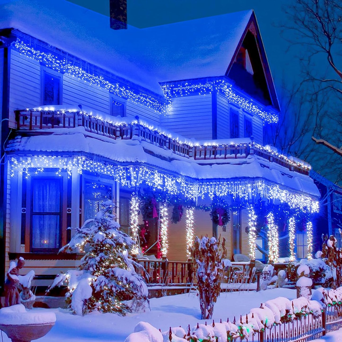 98FT Blue Icicle Lights for Outside, 1216 LED Icicle Christmas Lights with 8 Modes 228 Drops, Curtain Twinkle Lights for Indoor Outdoor Bedroom House Holiday Party Wedding Decorations