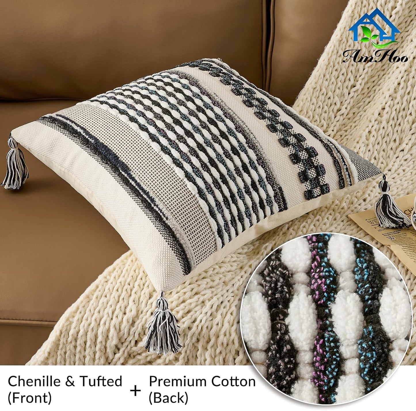 AmHoo Chenille Striped Textured Boho Throw Pillow Covers Aesthetic with Tassels Woven Decorative Pillow Case for Couch Bed Sofa Bedroom Modern Funky 18 x 18-Inch Black Multicolor