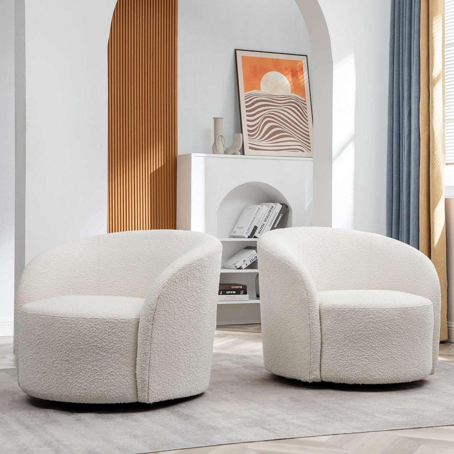 KINWELL 34" W Swivel Barrel Chair Set of 2, Mid Century Modern Round Upholstered Boucle Swivel Accent Chairs, No Assembly Sofa Chair for Living Room Bedroom Reading, Cream