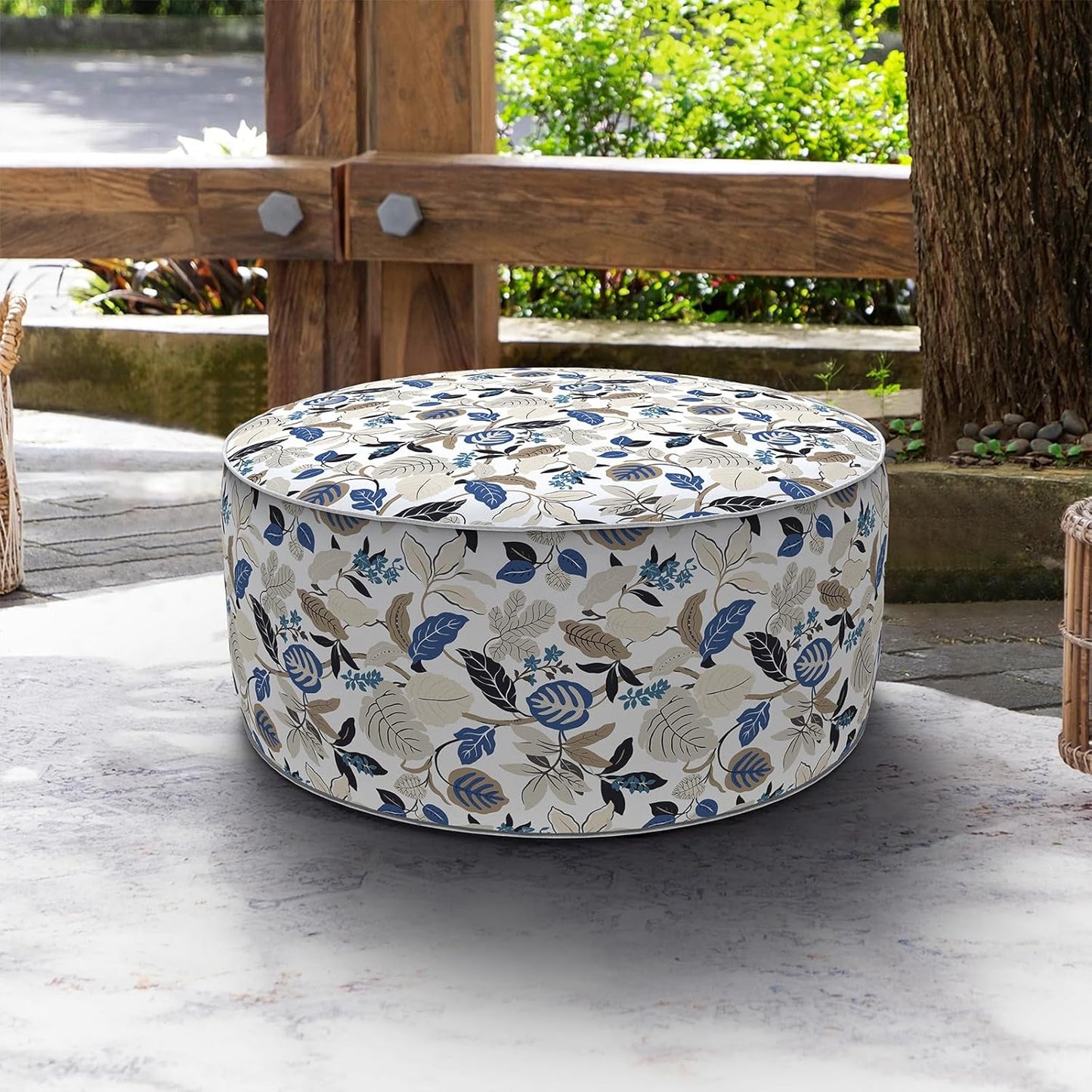 LVTXIII Indoor/Outdoor Inflatable Ottoman, D31 x H14 Inch Large Round Ottoman, All Weather Foot Rest Stool, Portable Footrest for Patio, Garden, Camping and Home - Breeze Leaves Beige