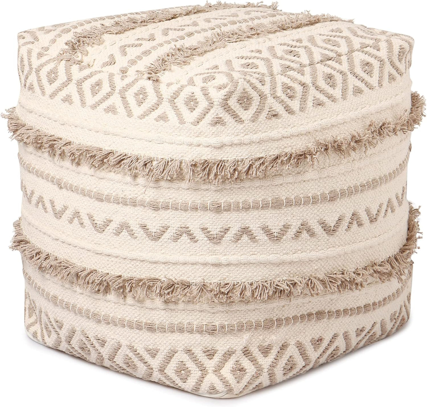 REDEARTH · Tufted Pouf Ottoman with Filler Textured Storage Cube Bean Bag Pouffe Footrest for Living Room, Bedroom, Nursery, Kidsroom; 100% Cotton (17.5"X17.5"X17.5", Geometric Craft Taupe)