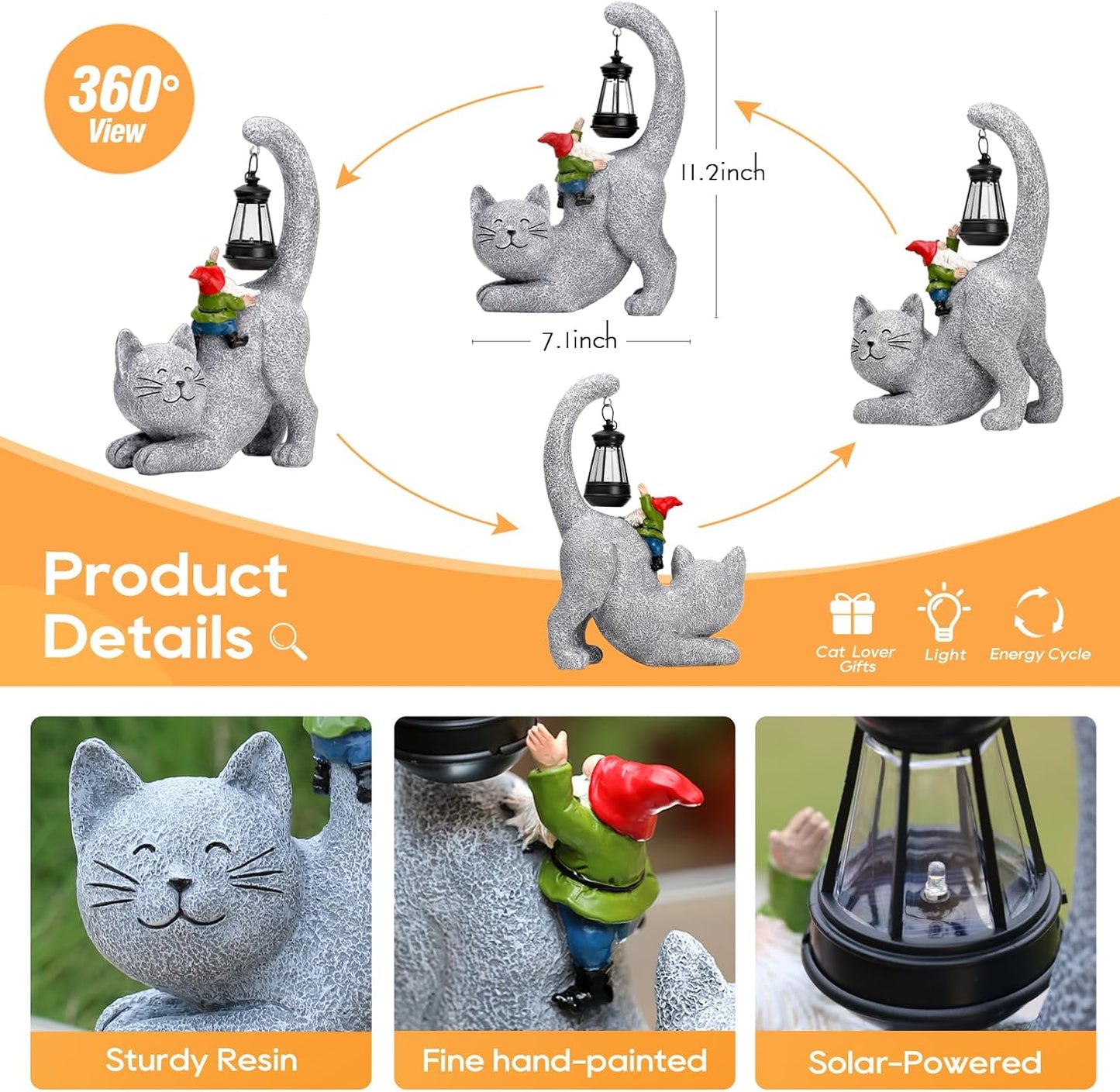 Snowrabbit Cat Statue Garden Decor with Funny Gnome Figurine & Solar Lantern, Motherday Gifts for Mom,Birthday Gift for Women,Cat Statues for Garden,Patio,Yard Decoration, Gray, SR-C-003