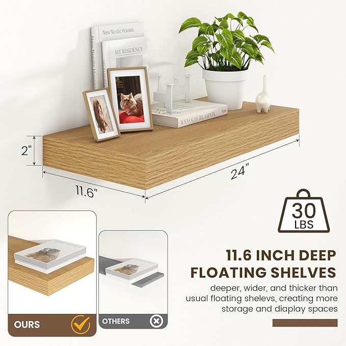 Deep Floating Shelves for Wall | 24 Inch Wide x 12 Inch Deep Floating Shelves | 24W x 12D Rustic Oak Wide Wall Shelves | Bookshelf Laundry Shelf TV Shelf