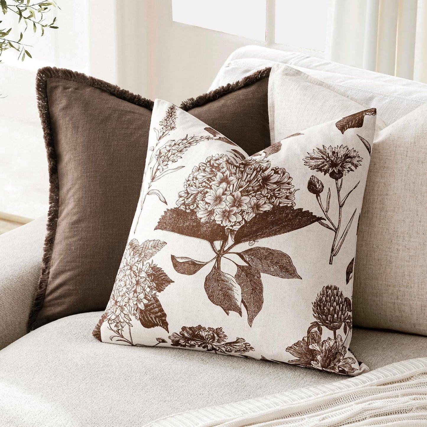 Foindtower Set of 2 Linen Floral Throw Pillow Covers Neutral Vintage Print Decorative Cushion Covers Farmhouse Boho Home Decor for Sofa Chair Couch Bedroom Living Room Outdoor,18×18 Inch,Dark Brown