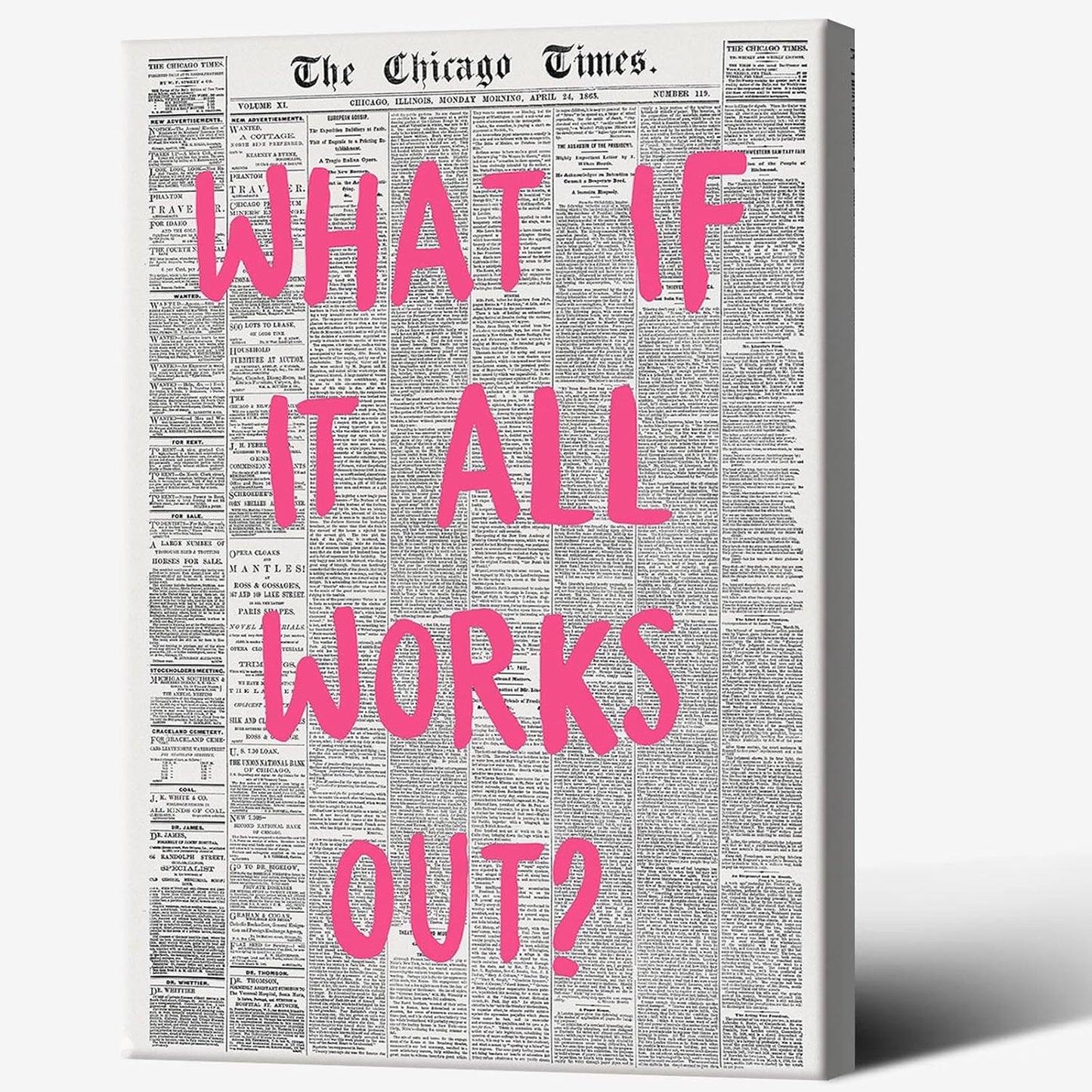 Liyark Retro Trendy Newspaper Canvas Wall Art What If All Works Out Poster Black And White Positive Affirmation Quote Wall Art Pink Font Wall Decor Minimalist Home Decor 24x36in Framed