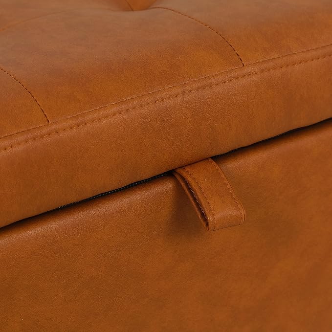 Adeco 17.5" Faux Leather Storage Ottoman with Hinged Lid, 14 Inch High Square Cube Foot Stool with Storage, Upholstered Vanity Stool with Solid Wood Legs for Living Room, Bedroom, Dorm (Warm Orange)