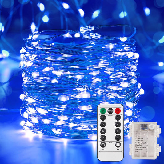 1 Pack 32.8 Ft. Battery Operated Outdoor String Lights with Remote & Timer, LED Blue Fairy Lights, Waterproof Twinkle Lights for Bedroom, Dorm, Mason Jar, Wedding, Party, Christmas