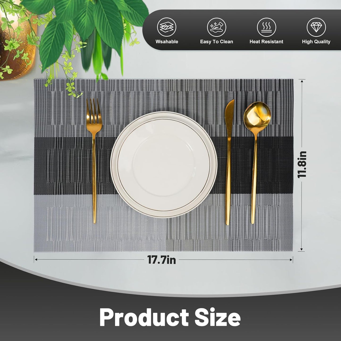 Placemats Set of 8，Non-Slip PVC Weave Table Mats Easy to Clean，Heat Resistant Place Mats for Kitchen Dining Table Decoration Indoor Outdoor，Black Gray