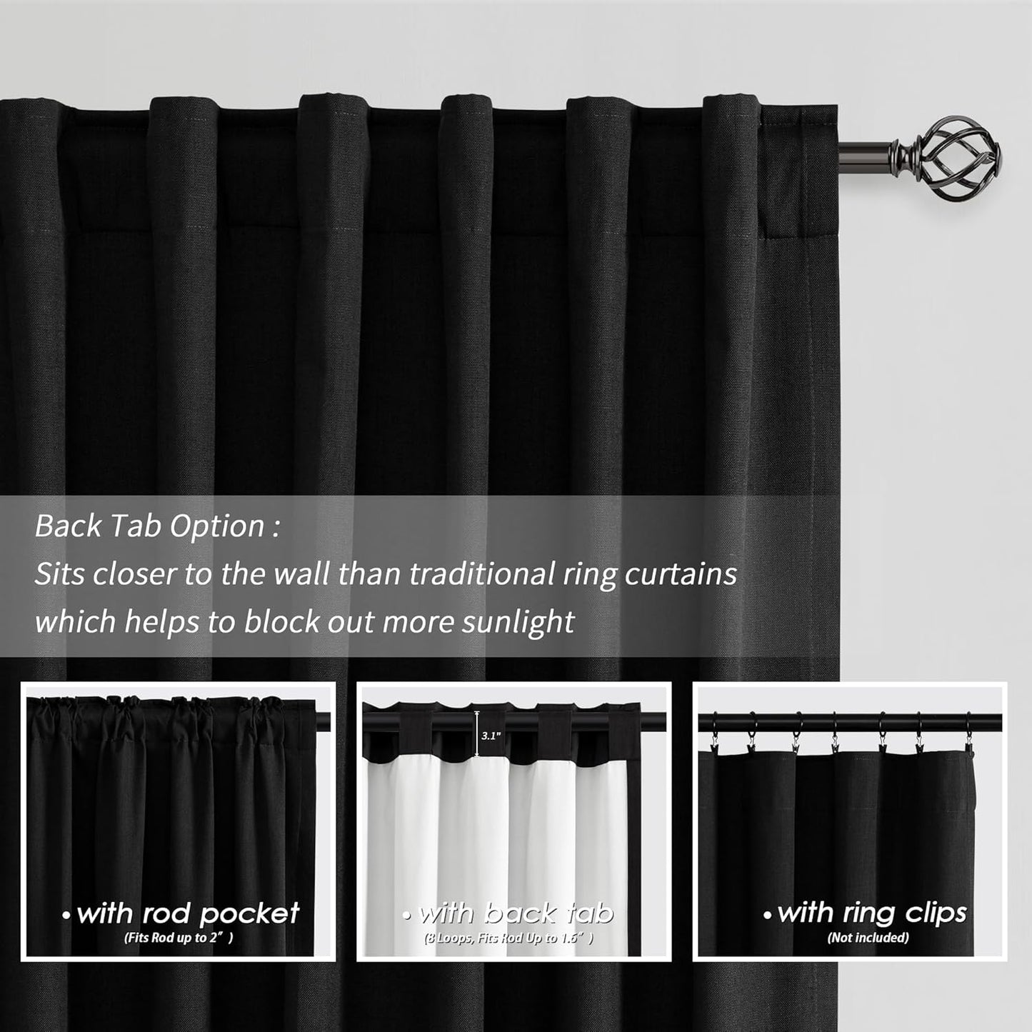 BOODII 100% Blackout Curtains 84 Inch Length 2 Panels Set Black Linen Textured Curtains Thermal Insulated Room Darkening for Bedroom Living Room Drape Sound Proof Curtain for Window Back Tab, 52x84