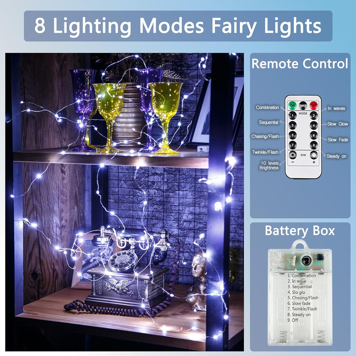 4 Pack Fairy Lights Battery Operated with Remote Control Timer, 26 FT 80 LED String Lights Outdoor Indoor, 8 Mode Twinkle Lights for Christmas Party Wedding Birthday Bedroom Décor (Cool White)