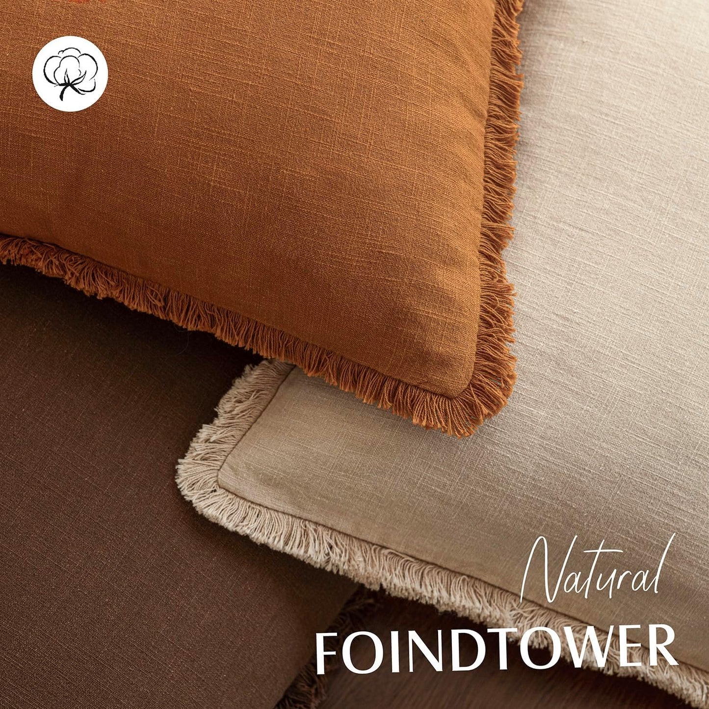 Foindtower Set of 2 Decorative Linen Fringe Throw Pillow Covers Cozy Boho Farmhouse Cushion Cover with Tassels Soft Accent Pillowcase for Couch Sofa Bed Living Room Home Decor, 24×24 Inch, Orange