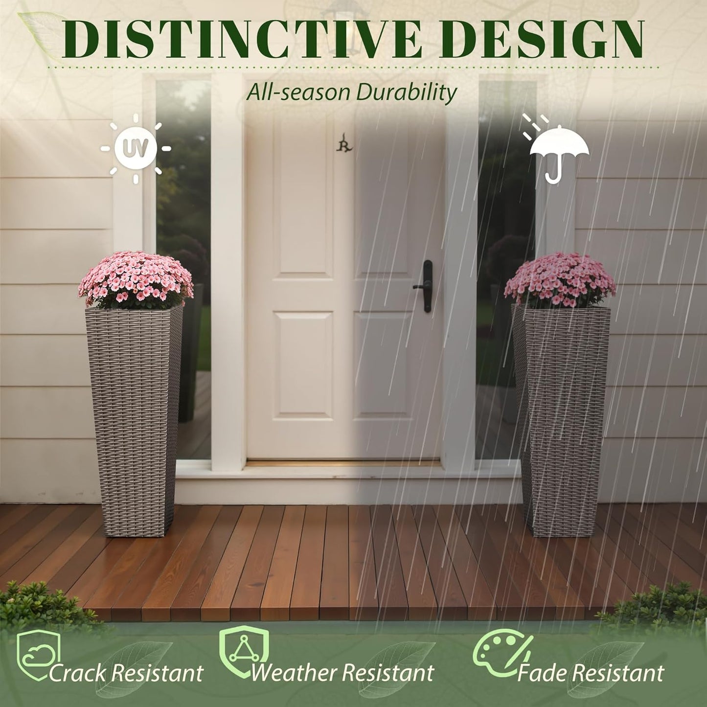 JUMMICO Set of 2 Resin Rattan Tall Planters for Outdoor Plants, Large Tapered Planters with Drainage Holes&Inner Trays, Flower Pots for Garden, Patio, Porch, Backyard (Brown, 32'')