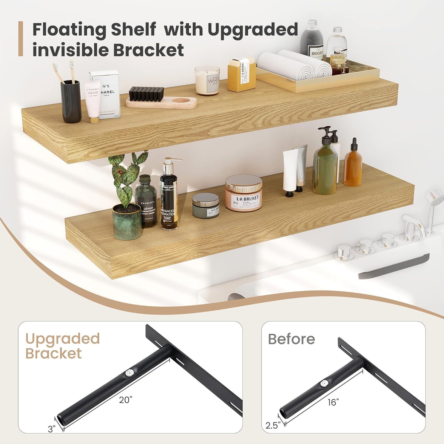 Heimlove 12" Deep Floating Shelves, 36 x 12 Inch Wall Mounted Long Floating Shelf with Invisible Brackets, for Home Decor, Bedroom, Kitchen, Living Room, Bathroom - 2 Pack, Oak