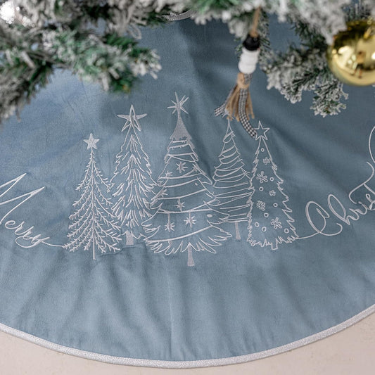 CROWNED BEAUTY Christmas Tree Skirt Blue Velvet Collar 50 Inch Embroidered Silver Pine Trees Soft Plush Fur Holiday Decoration (Blue) TS42-50