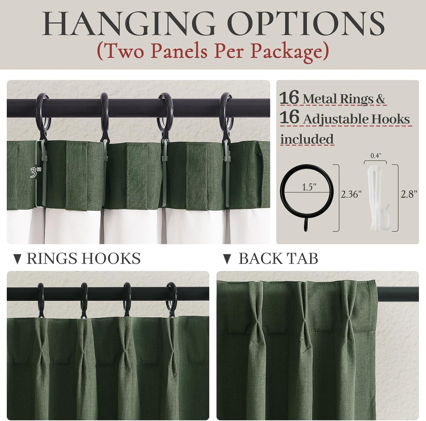 Pinch Pleated Curtains with Rings and Hooks Loden 102 Inch 8-1/2ft Tall Vintage Curtains for Bedroom Dark Olive Green Moody Drapes 100 Percent Blackout Noise Dampening Window Curtain Linen 2 Panels