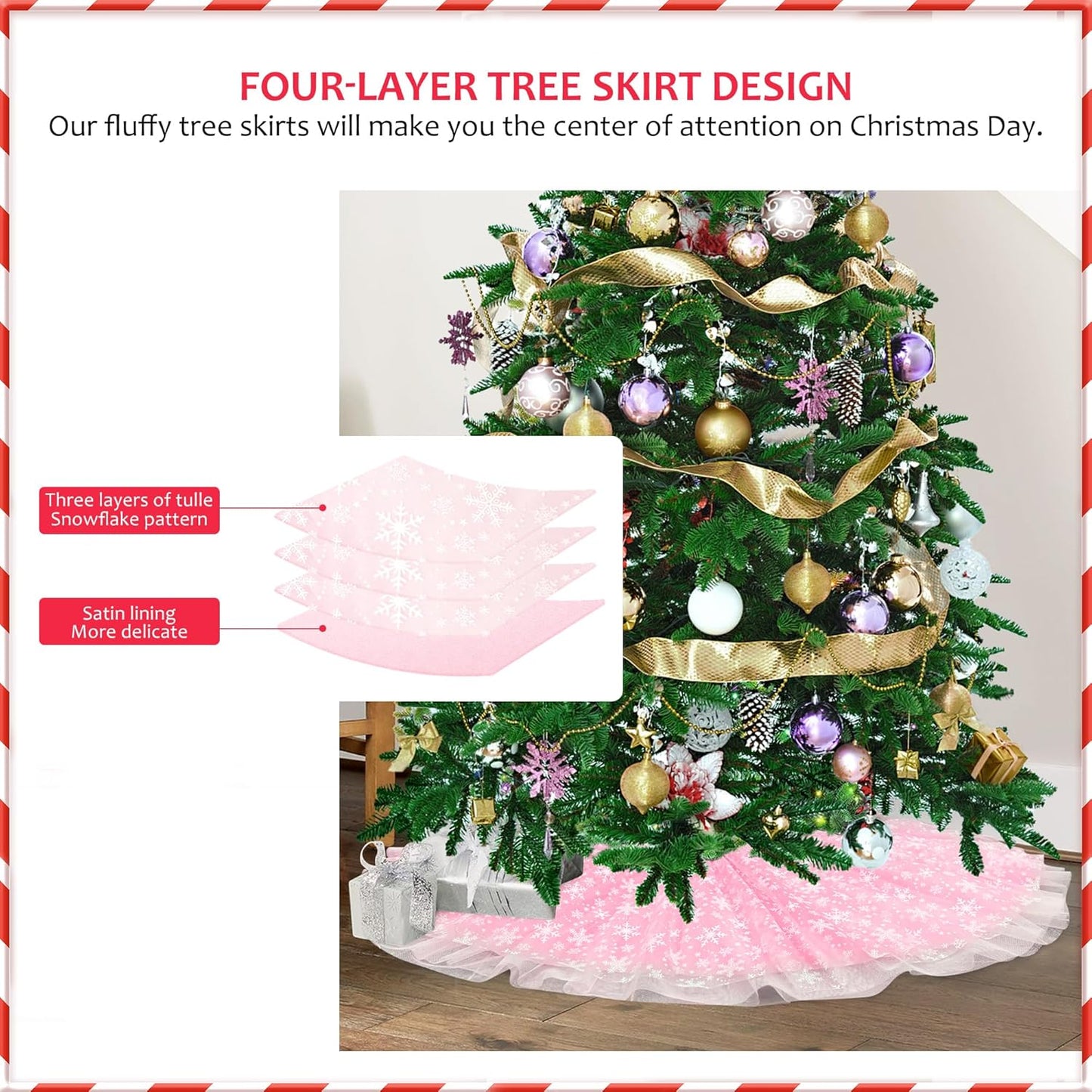 Christmas Wedding Tree Skirt, 4 Layer 45 in Snowflake Tulle Tree Decoration for Party Indoor, Fluffy Tree Cover Mat Ornament for Holiday, Pink