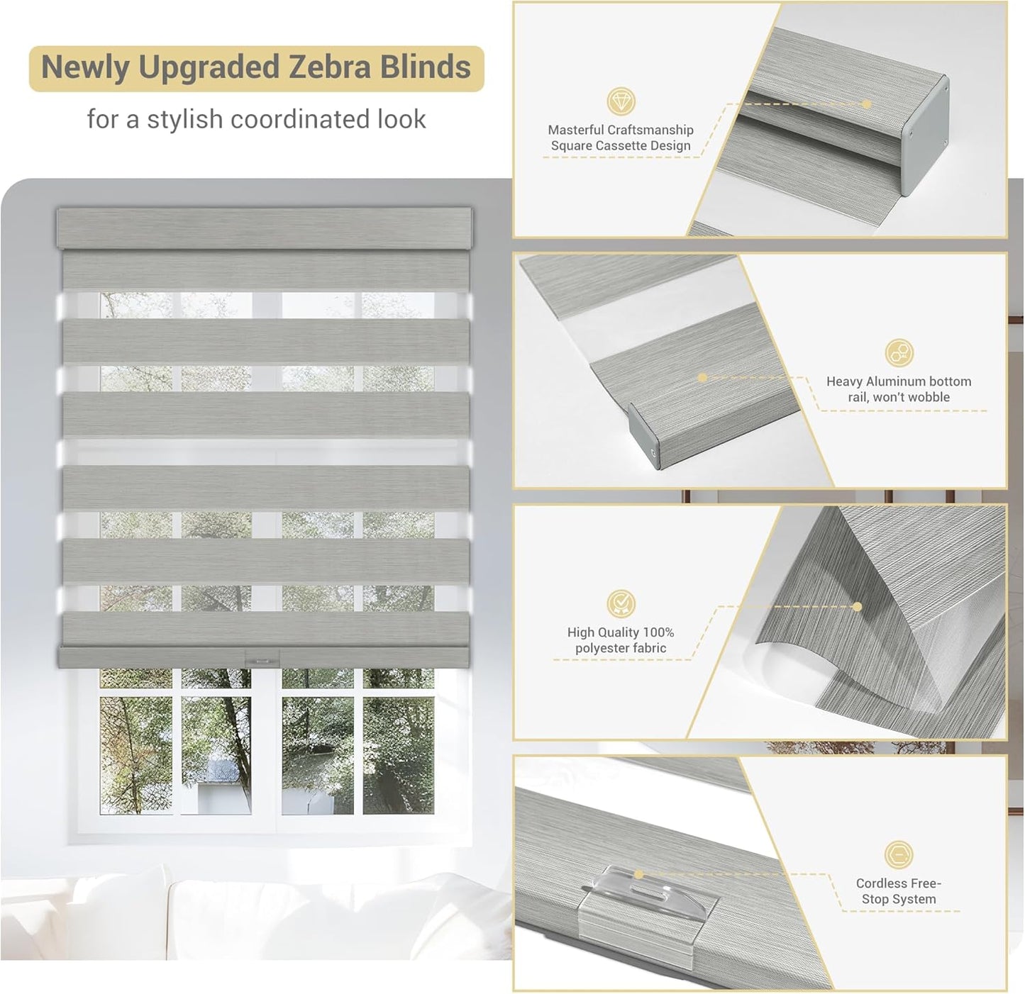 Cordless Zebra Blinds for Windows, Blackout Interior Blinds,Easy to Install,UV Protection,for Offices and Home,Custom Roller Shades, Mousse Light Grey,26" W x 88" H