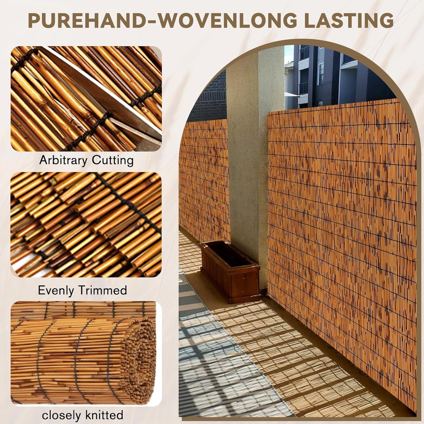 Bamboo Privacy Fence, Light Russet Bamboo Reed Fencing 6ft High, Decorative Reed Rolls Privacy Screens for Patio Garden Balcony Backyard Outdoor, 6 x 6 FT