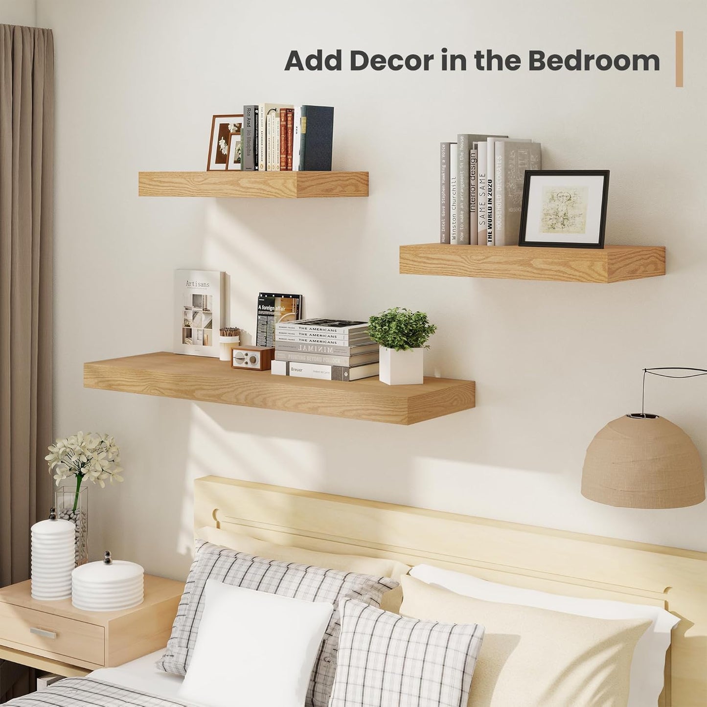 Heimlove 12 Inch Deep Floating Shelves, 48 x 12 inches Long Wall Shelf, Large Display Shelf & Storage Shelf, Rustic Wood Wall Shelves for Fireplace Mantel, Set of 2(Oak)