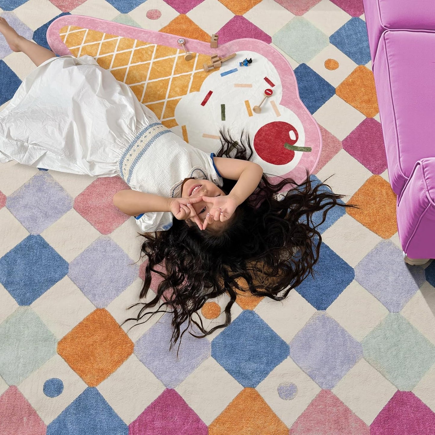 jinchan Area Rug 3x5 Kids Washable Indoor Floor Cover Non-Slip Modern Soft Rug Elementary School Classroom Colorful Diamond Carpet for Nursery Playroom Daycare Bedroom Living Room Berries on Cream