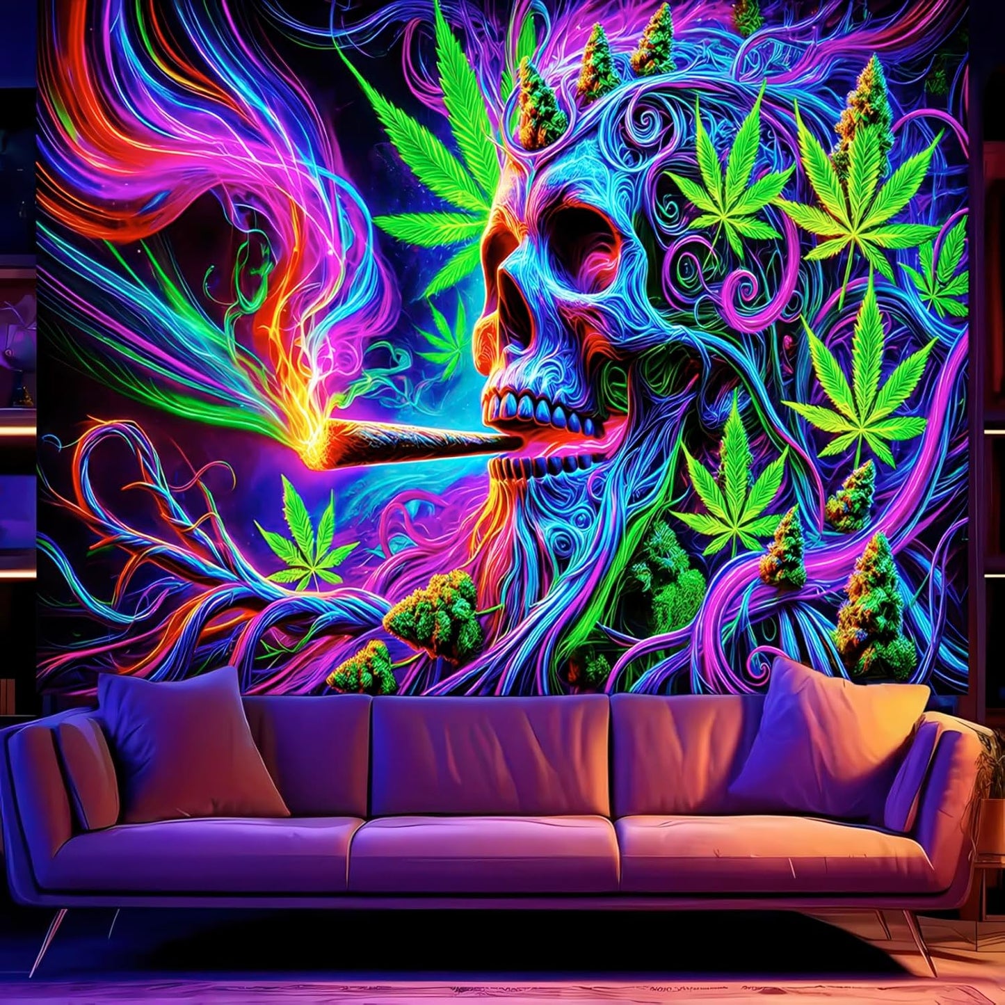BlissYard Blacklight Cool Trippy Weed Marijuana Leaves Tapestry UV Reactive Skeleton Tapestry Smoking Skull Black Light Wall Tapestry Neon Psychedelic Tie Dye Stoner Poster Tapestry 59X78 IN