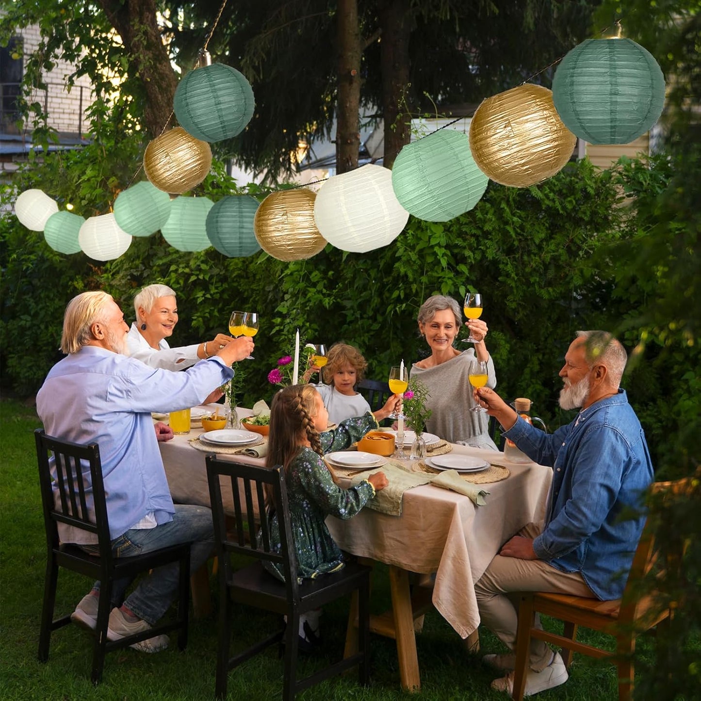 Paper Lanterns Decorative, Round Paper Lanterns Decorations Sage Green/Forest Green/Gold/White for Rustic Party Birthday Party Bachelorette Engagement Wedding Baby Shower 15pcs