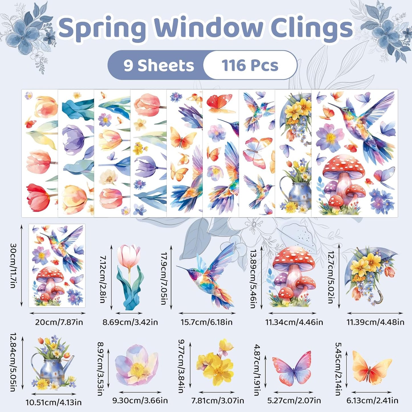 DC-BEAUTIFUL 116 PCS Spring Window Clings, 9 Sheets Double-Sided Hummingbird Butterfly Flower Easter Window Stickers, Reusable Static Floral Window Decals for Home School Office Party Decors