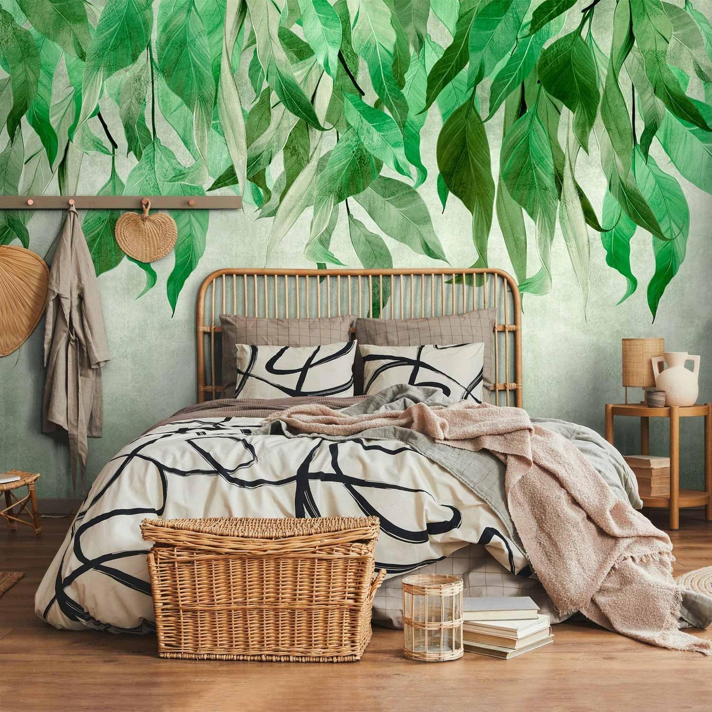 artgeist Wall Mural Hanging Leaves 173x124 in - Peel and Stick Self-Adhesive Wallpaper Removable Large Sticker Foil Wall Decor Print Picture Image Design Nature Botanical Concrete Green b-C-10146-a-a