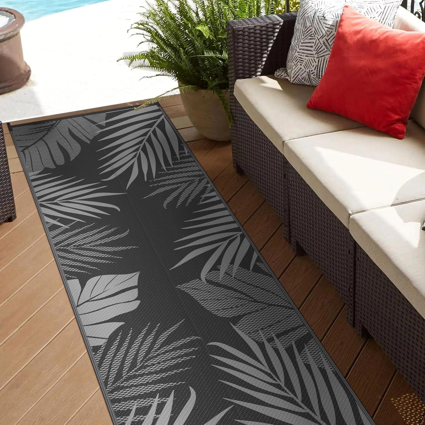 GENIMO Outdoor Rug 2.5' x 8' Waterproof for Patios Clearance, Reversible Outdoor Plastic Straw Camping Rug Carpet, Large Area Rugs Mats for RV, Camper, Deck, Balcony, Porch, Beach, Picnic, Black&Grey