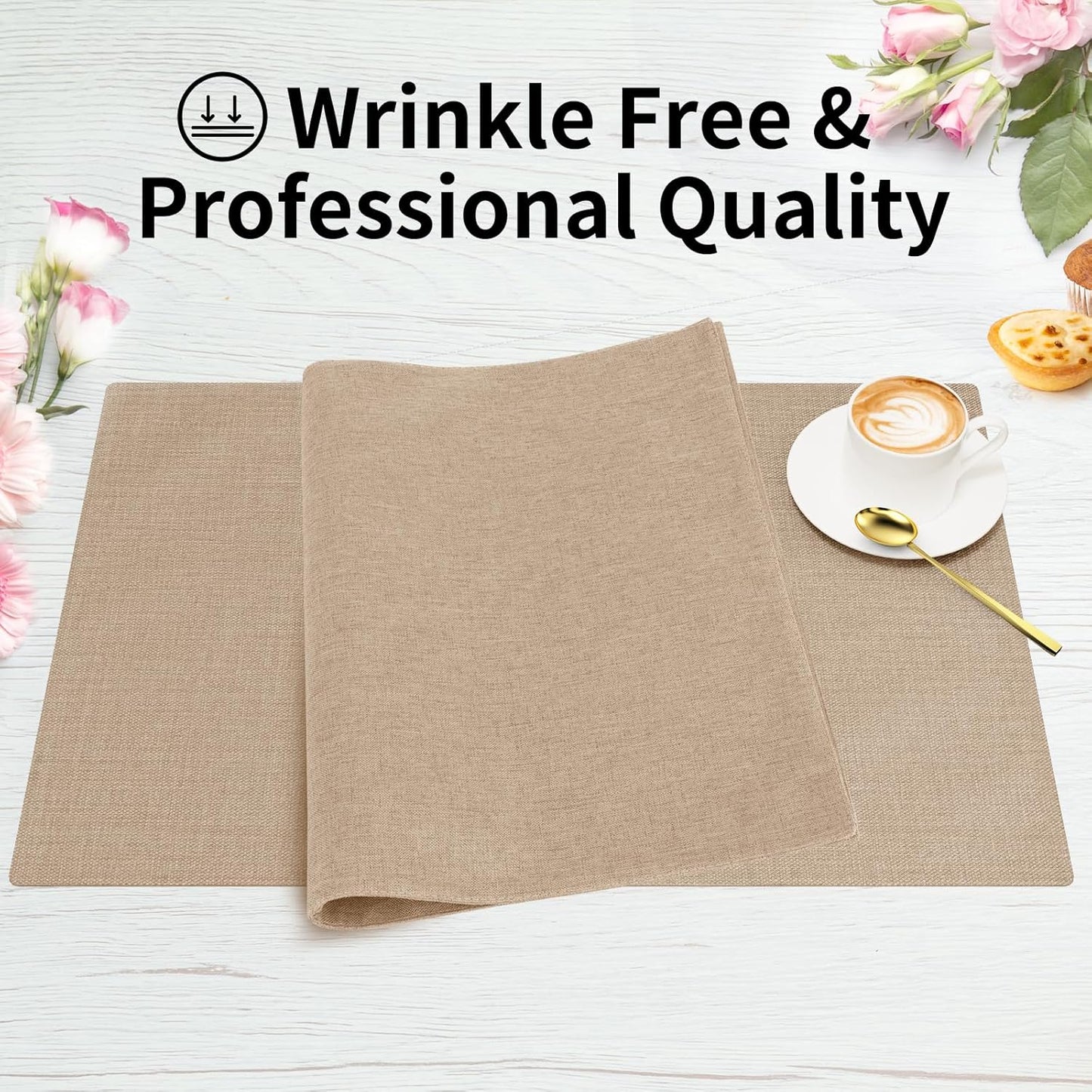 Cloth Placemats, Set of 6 Heat-Resistant Cotton Linen Blend Double Layered Machine Washable Place Mats, Wrinkle Free Thick Fabric Dining Table Mats for Indoors & Outdoors (Light Linen, 6)