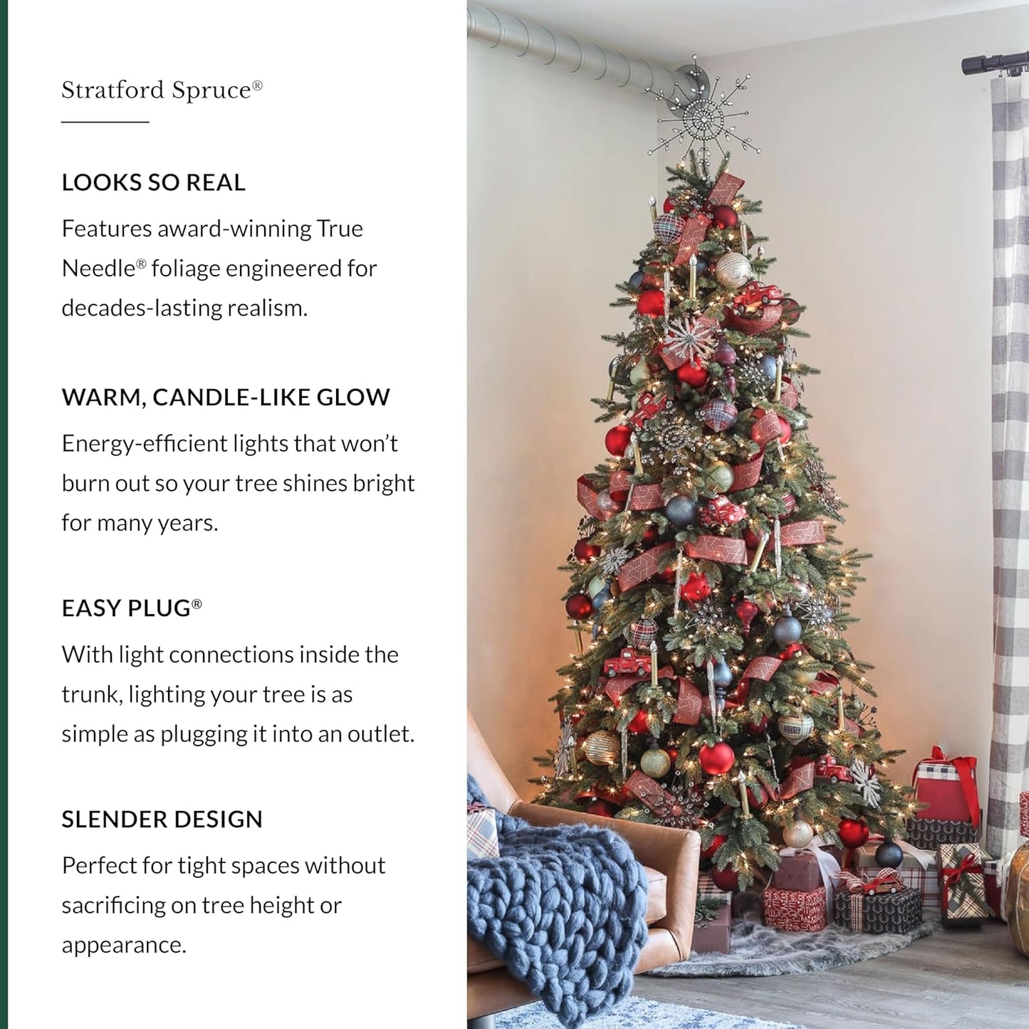 Balsam Hill 7.5ft Pre-Lit Stratford Spruce - Slim Artificial Christmas Tree with 600 LED Clear Lights, True Needle Foliage, Easy Plug Technology & Premium Stand for Small Spaces