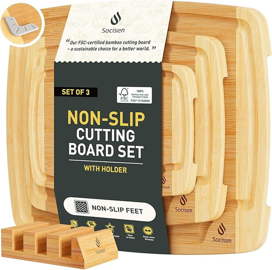 Bamboo Cutting Board Set Non Slip Feet with Holder Over Sink Tablas Para Picar Cocina Tabua Madeira Corte Carne Bambu Alimentos Cortar Madera Juego Regalos Cumpleaños Navidad Mujer Mama Abuela Papa
