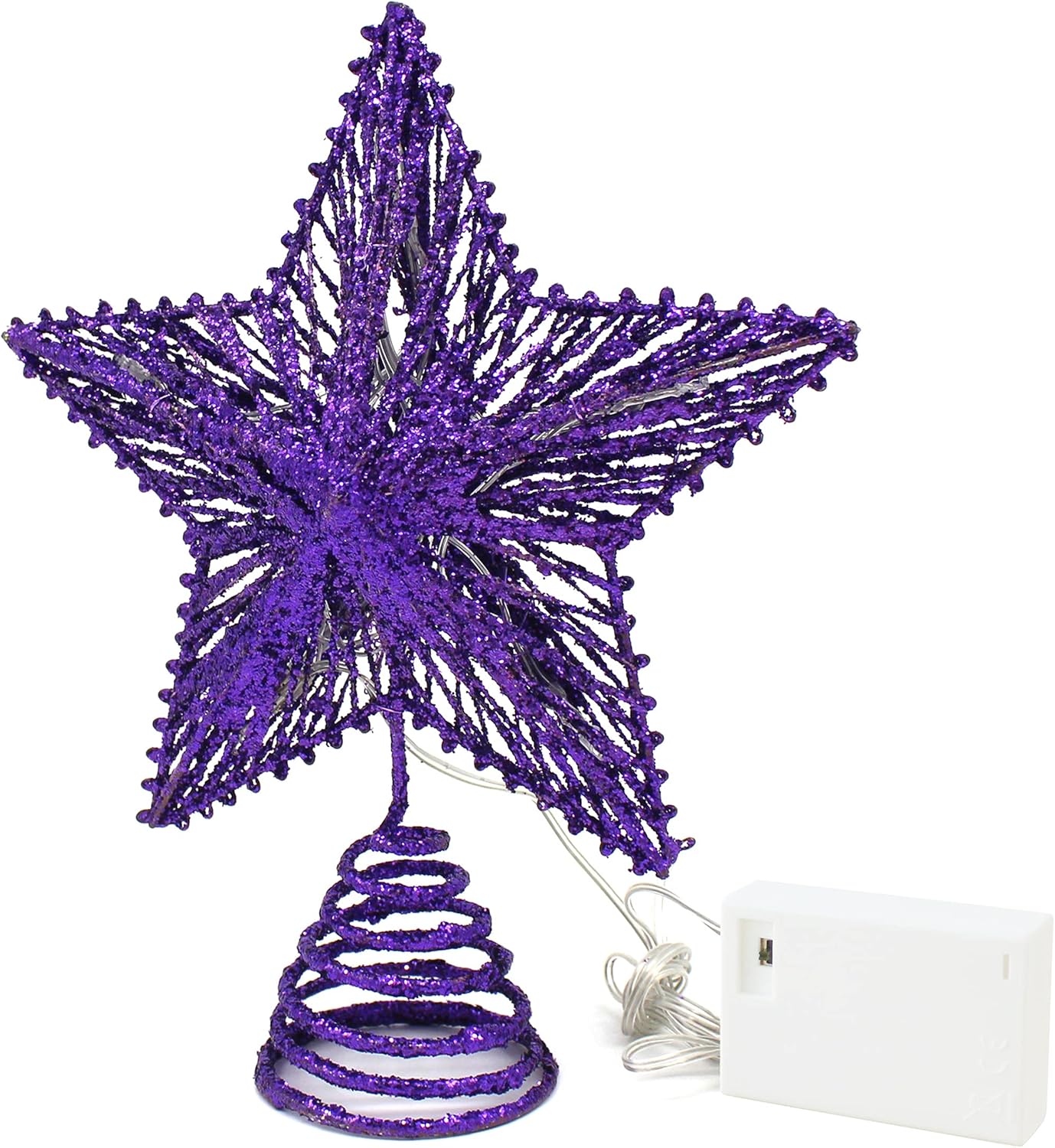 CVHOMEDECO. Purple Glittered 3D Tree Top Star with Warm White LED Lights and Timer for Christmas Tree Decoration and Holiday Seasonal Décor, 8 x 10 Inch