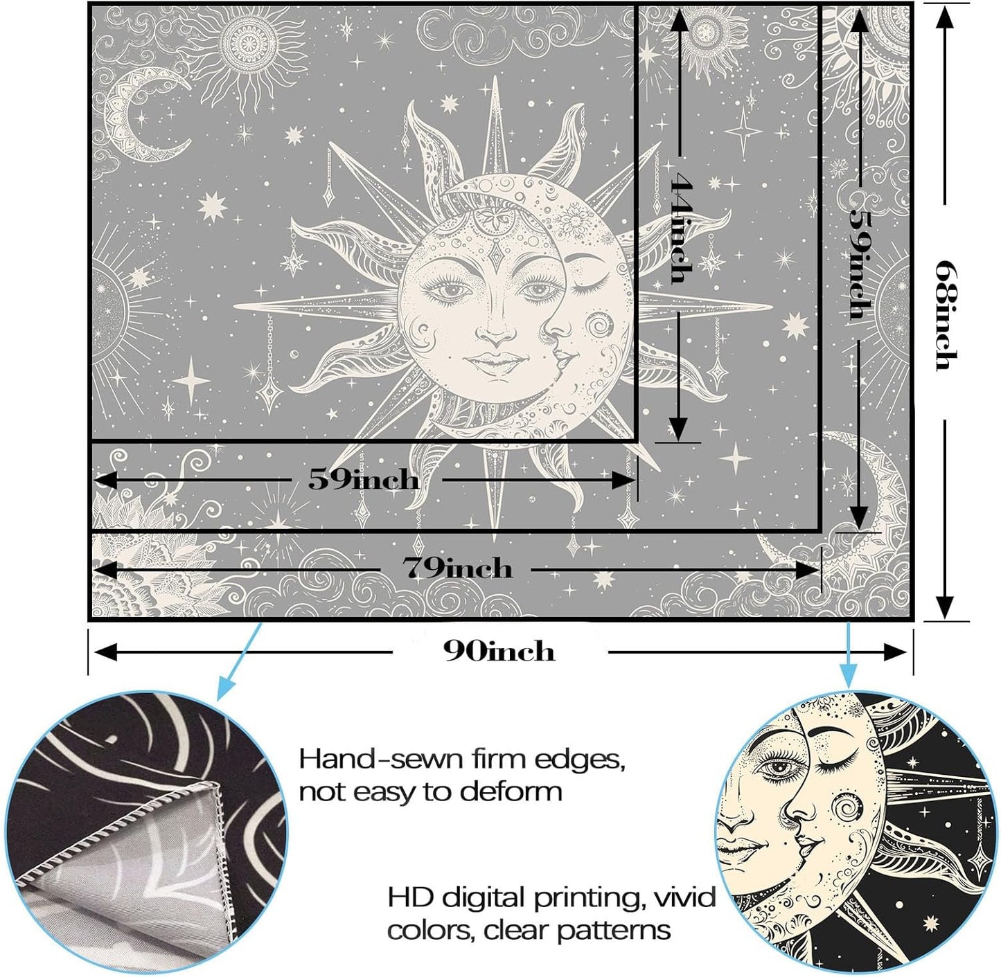 Lunerfex Sun and Moon Tapestry Mandala Wall Tapestry, Vintage Tapestries for Bedroom Ceiling Tapestries Wall Hanging for Bedroom Living Room Decor Sun-2 44"x60"